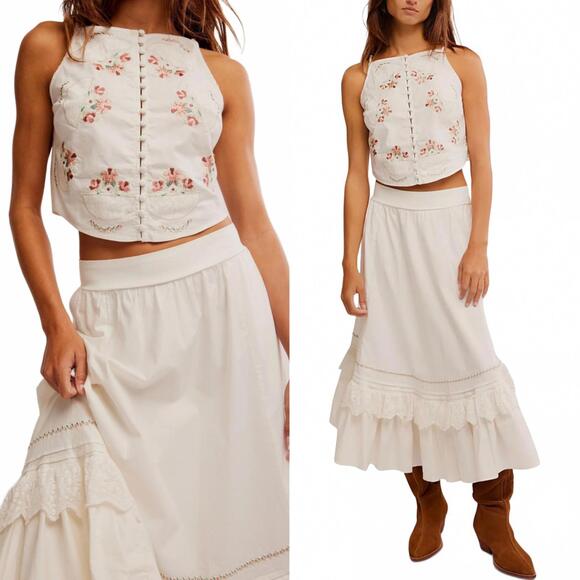 Free People Maeberrie Top & Skirt Set Coord Embroidered NWT Ivory Size Medium - Picture 9 of 9